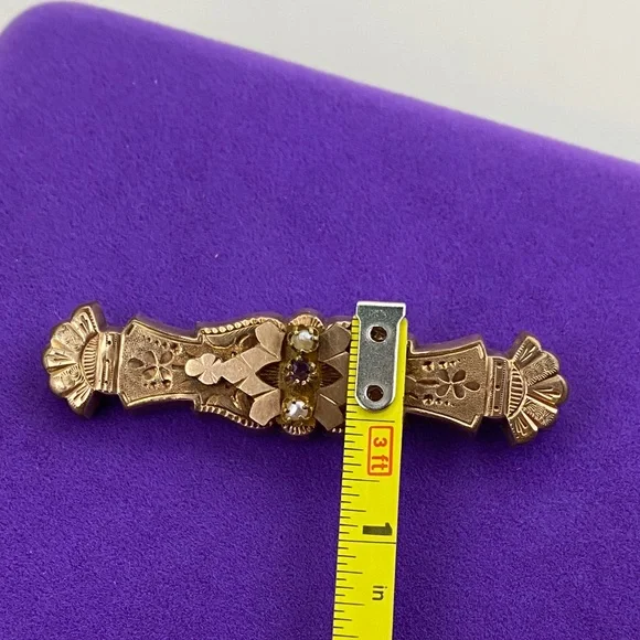 💛 Antique Gold Filled Ornate Seed Pearl & Paste Stone | Romantic Statement - Picture 7 of 9